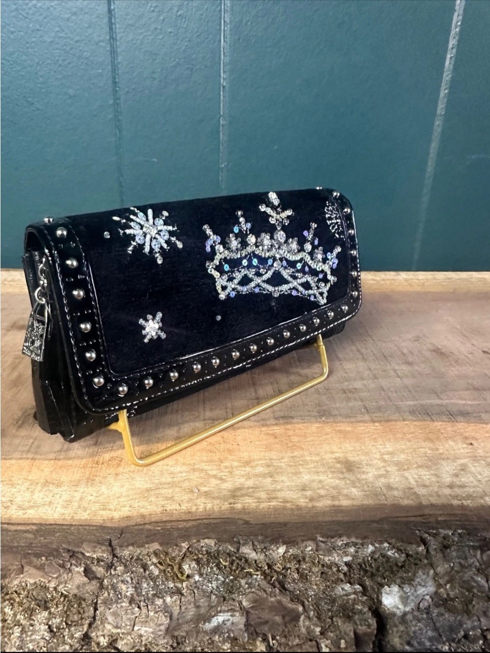 Think Bee! Black Embellished Wallet Clutch Crystal Embroidery Studded